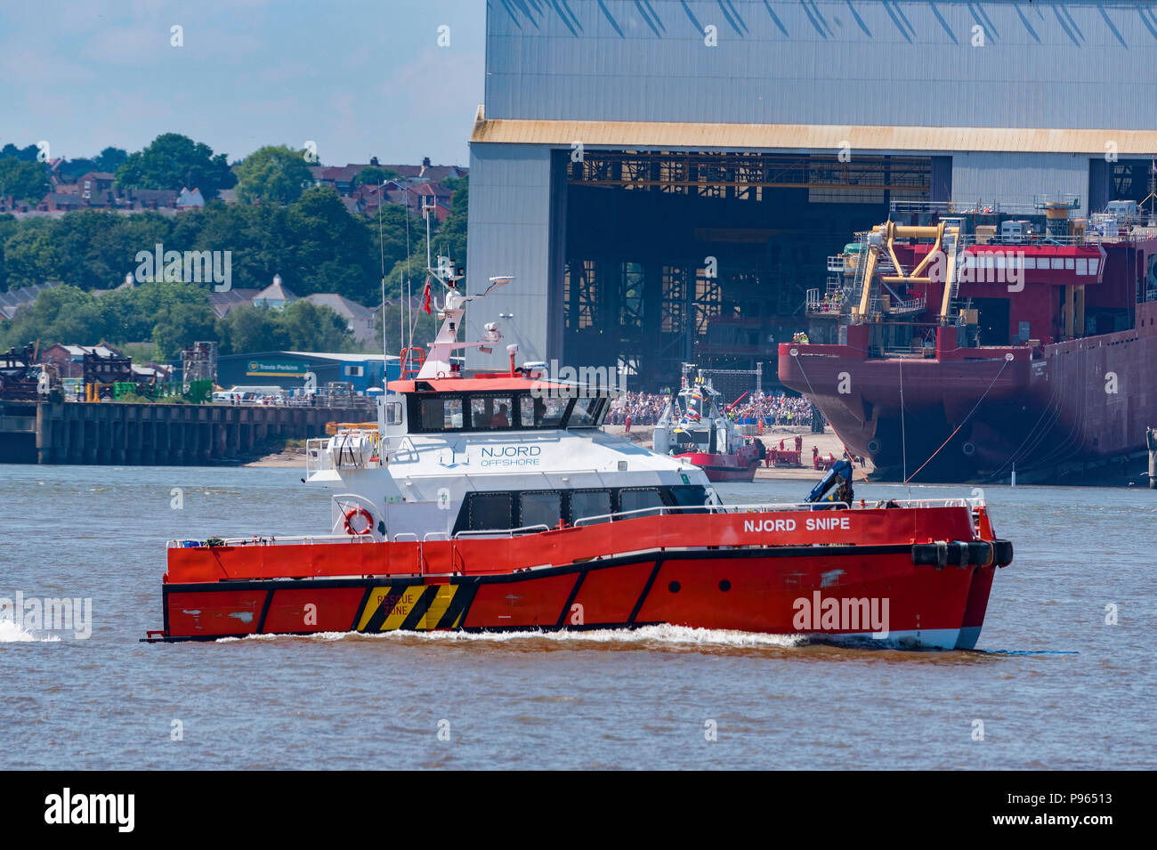 Die njord Snipe offshore Bereitschaftsboot in den Fluss Mersey. Stockfoto