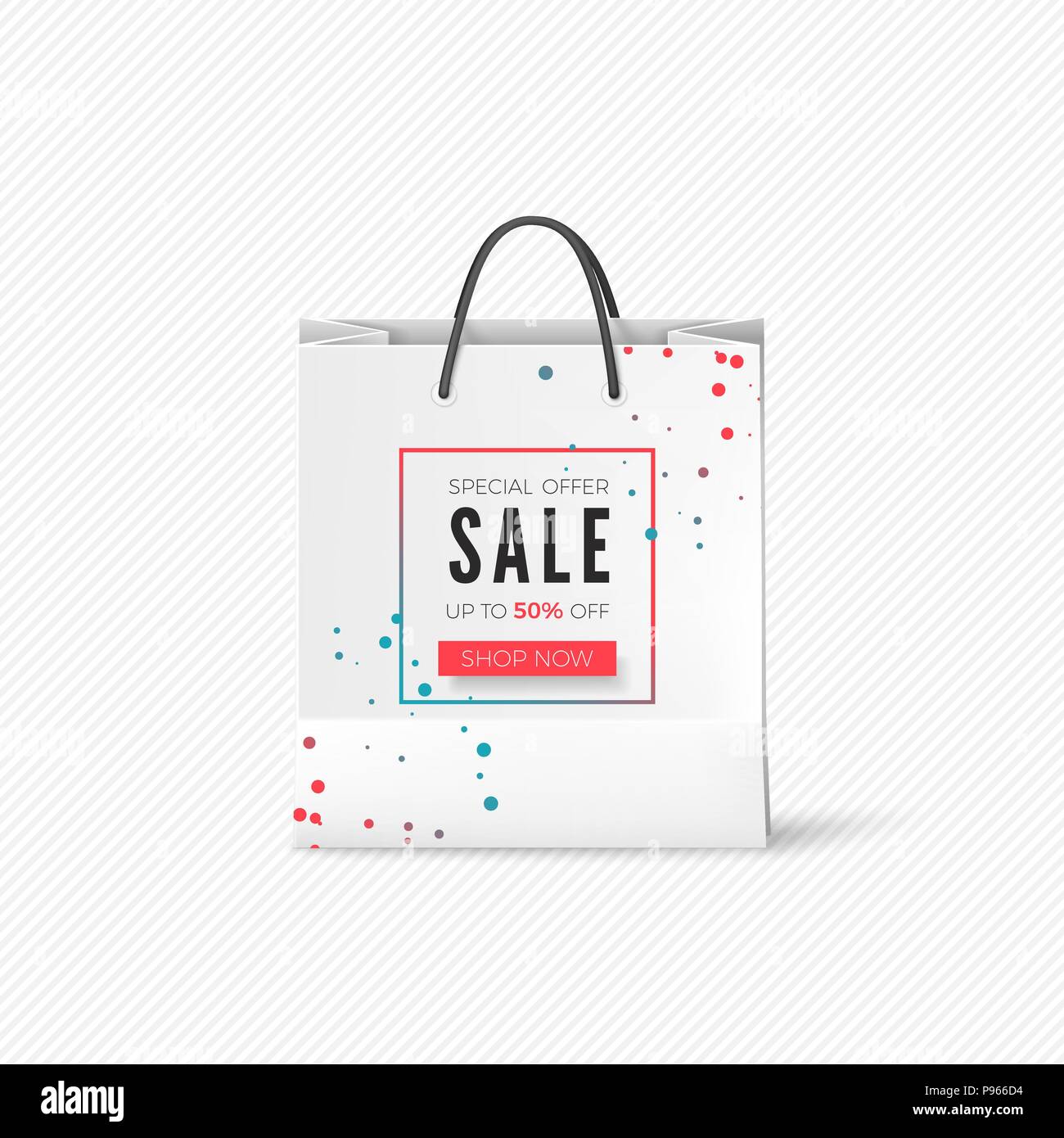 White Paper Bag mit Verkauf anbieten. Leere Beutel mit Werbung Vertrieb. Vector Illustration auf weißem Hintergrund Stock Vektor