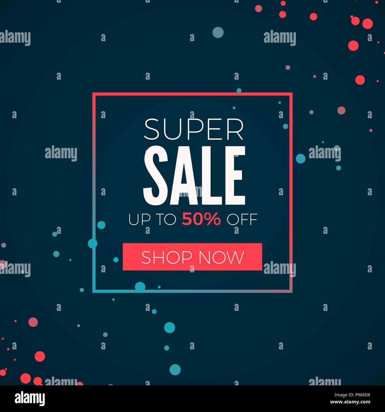 Super Sale Plakat. Kopf Super Sale im Rahmen mit batton Jetzt einkaufen. Bunte Web Banner. Vector Illustration Stock Vektor