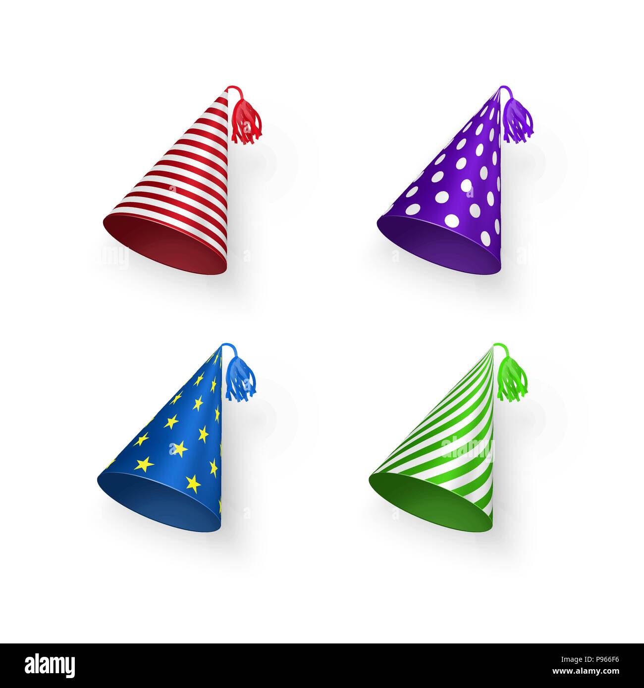 Geburtstag hat. Bunte Geburtstag Hüte mit geometrischen Mustern Kreise, Streifen und Sternen. Vector Illustration auf weißem Hintergrund Stock Vektor