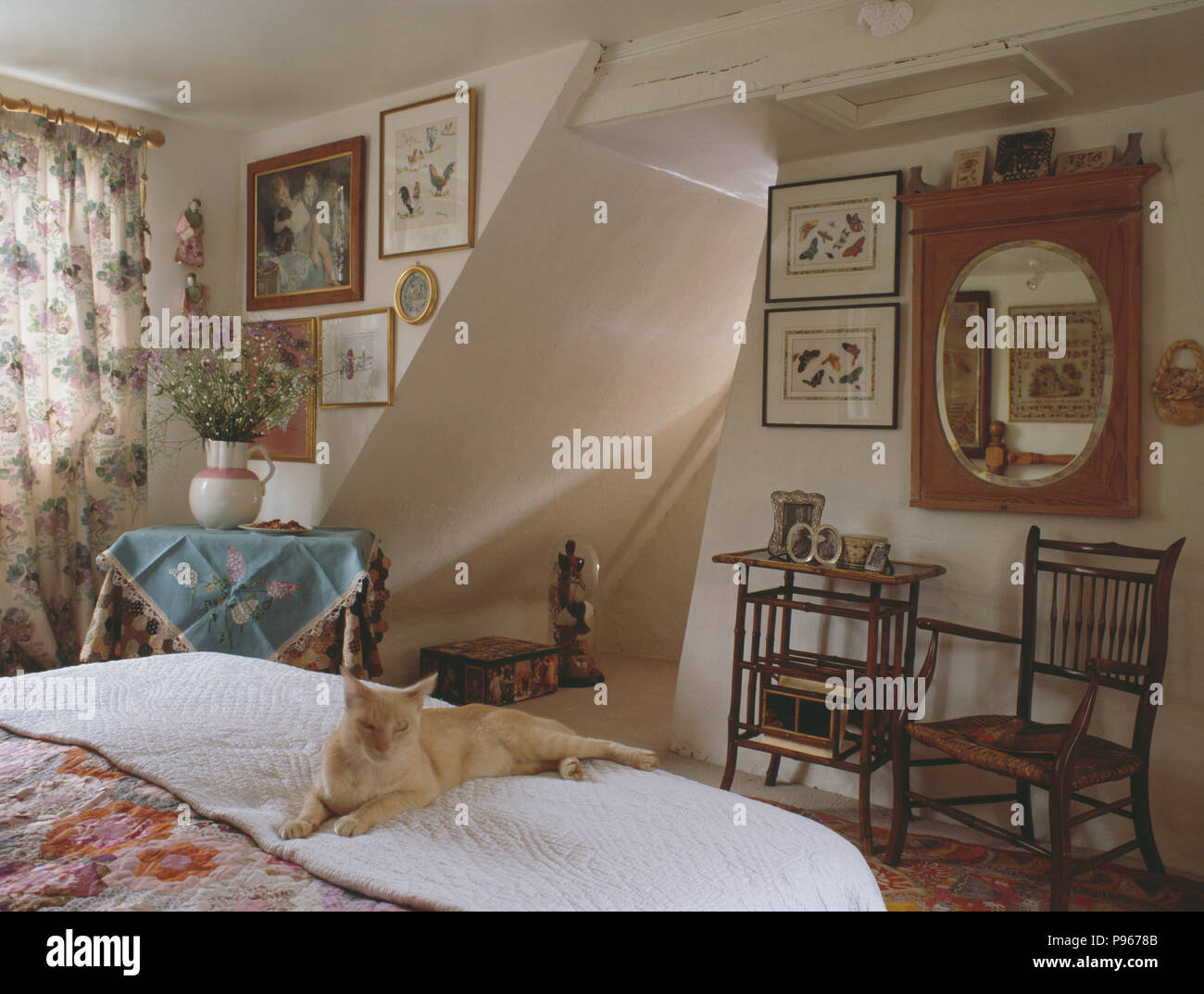 Katze auf dem Bett im Schlafzimmer Ferienhaus mit antiker Spiegel und  Bilder an der Wand Stockfotografie - Alamy