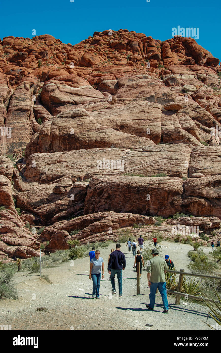 Berg in der Red Rock Canyon National Conservation Area am Rande von Las Vegas, Nevada mit Menschen zu Fuß im Vordergrund Stockfoto