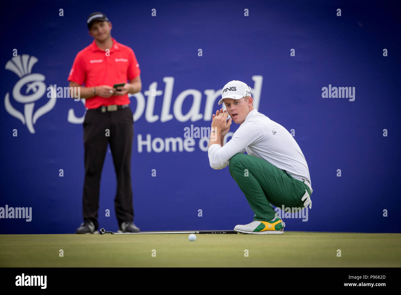 Brandon Stone reagiert, nachdem sein Putt für eine 59 am 18. Nur kurz während des vierten Tages der Aberdeen Standard Investments Scottish Open im Gullane Golf Club, East Lothian, auftrat. DRÜCKEN SIE VERBANDSFOTO. Bilddatum: Sonntag, 15. Juli 2018. Siehe PA Geschichte GOLF Scottish. Der Bildnachweis sollte lauten: Kenny Smith/PA Wire. Stockfoto