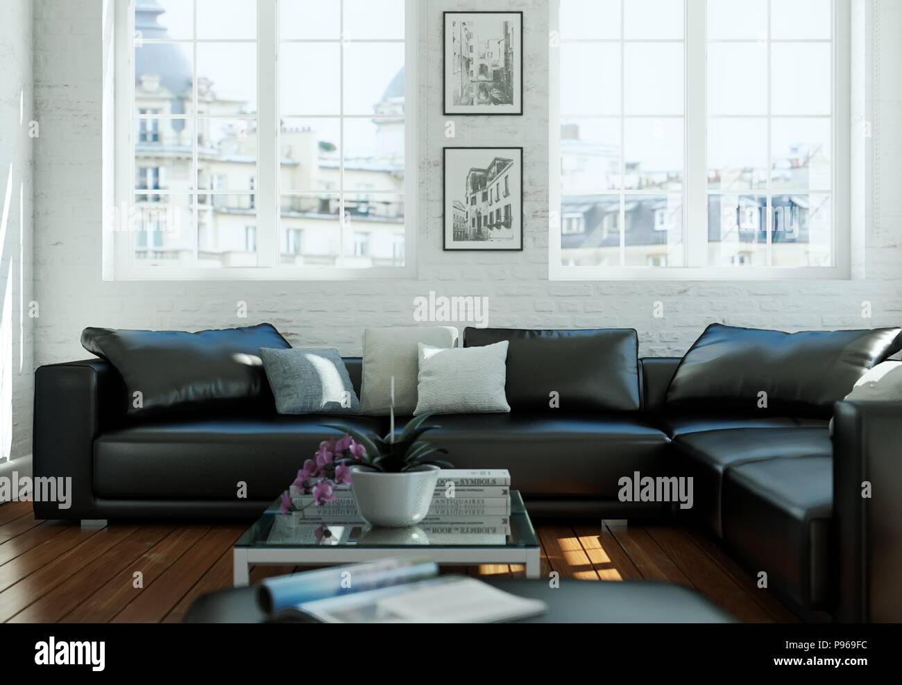 Moderne Gebaeude interior design Wohnzimmer mit schwarzer Ledercouch  Stockfotografie - Alamy