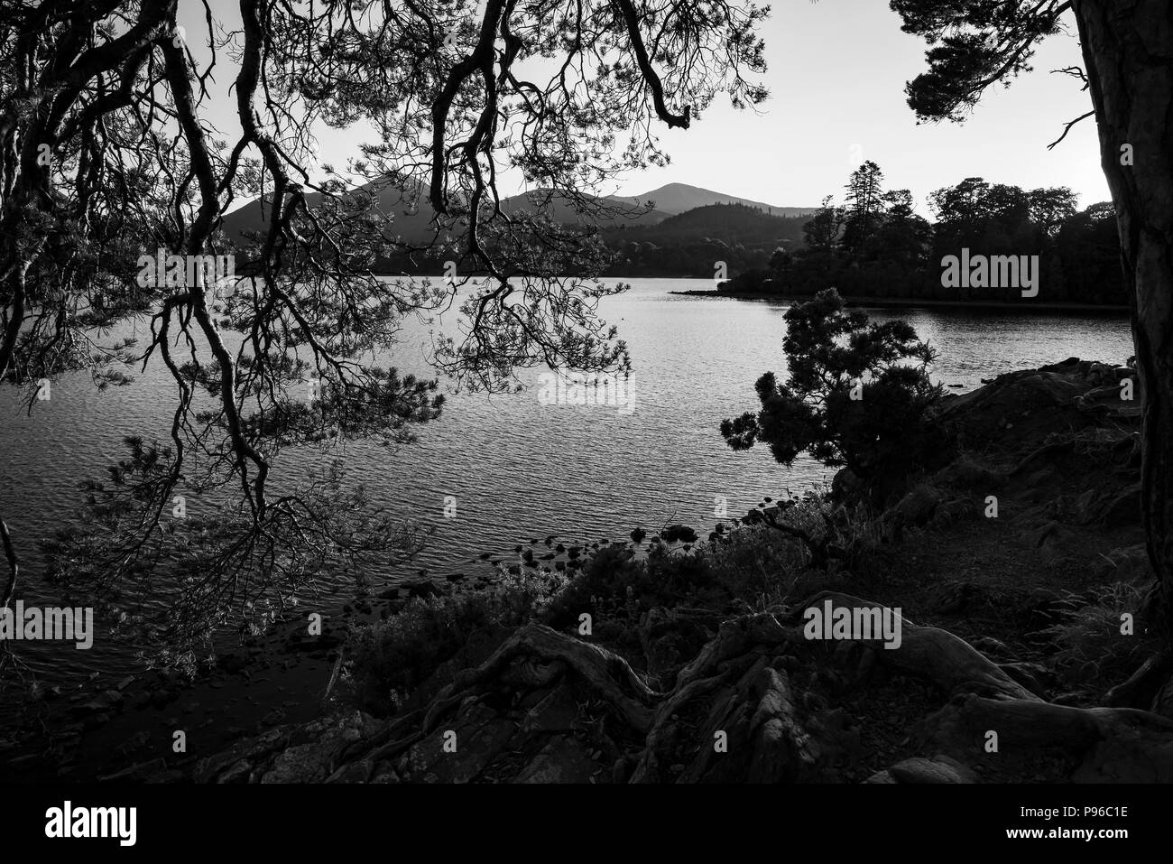 Blick auf derwentwater von Brüdern crag in Schwarz und Weiß Stockfoto