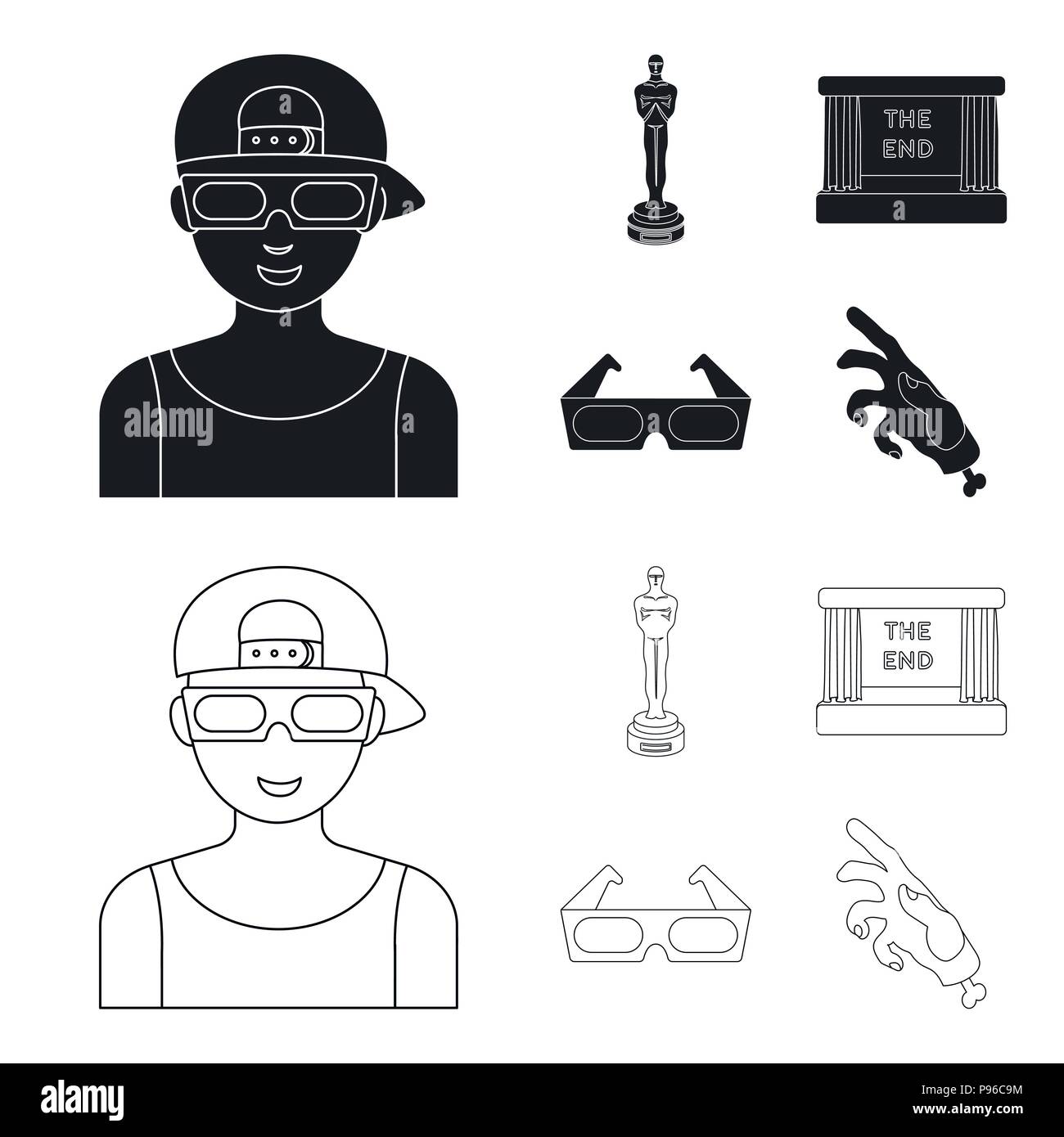 Award Oscar, Kino, 3-D-Brille. Filme und Film Sammlung Icons in Schwarz, Outline style Vektor Symbol lieferbar Abbildung. Stock Vektor