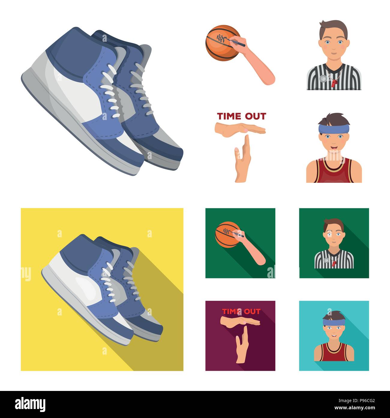 Basketball und Attribute Cartoon, Flachbild Symbole im Set Sammlung für Design. Basketballspieler und Ausrüstung vektor Symbol lieferbar Abbildung. Stock Vektor