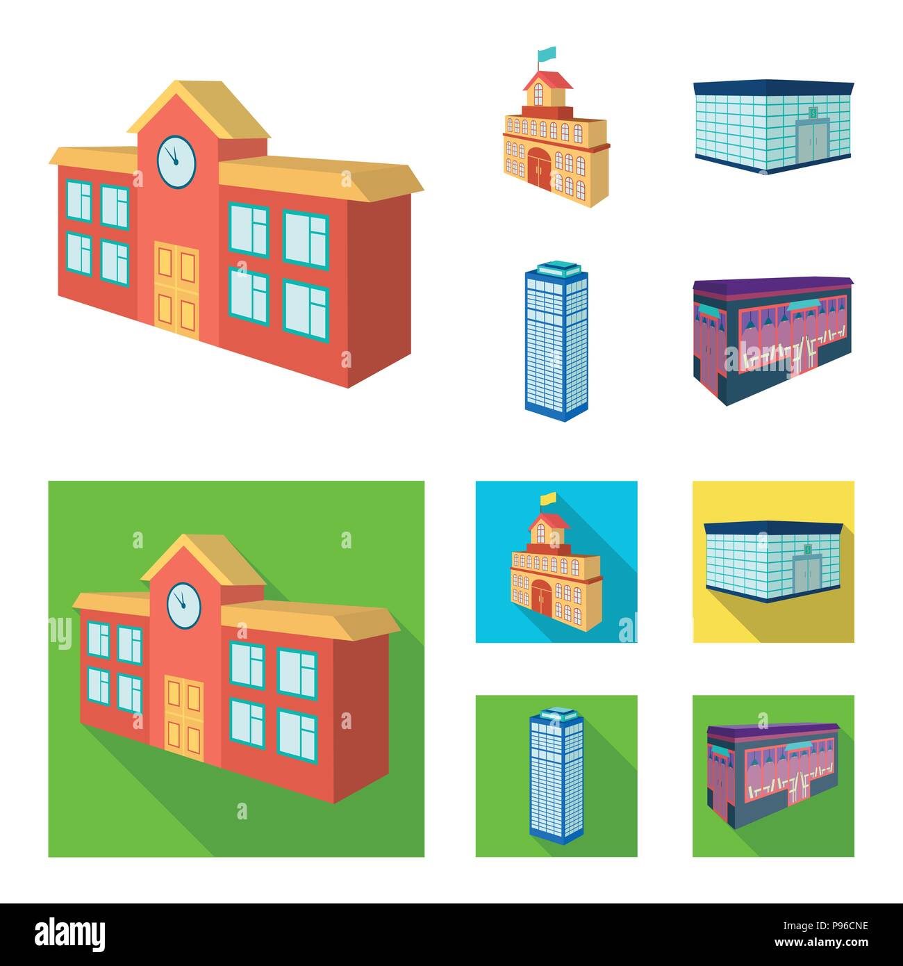 Bank office, Wolkenkratzer, Rathaus Gebäude, Hochschule Gebäude. Architektur und Struktur Sammlung Icons im Cartoon, flacher Stil vektor Symbol st Stock Vektor