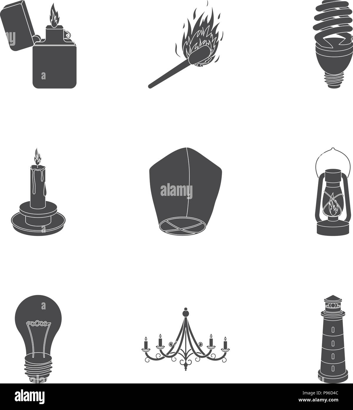 Lichtquelle Symbole in Schwarz Stil. Große Sammlung von Lichtquelle vektor Symbol lieferbar Stock Vektor
