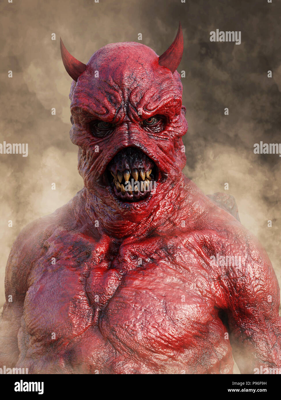 Kopf Porträt eines bedeuten, die dämonische, roter Teufel mit Hörnern, 3D-Rendering. Er ist durch Rauch umgeben. Stockfoto