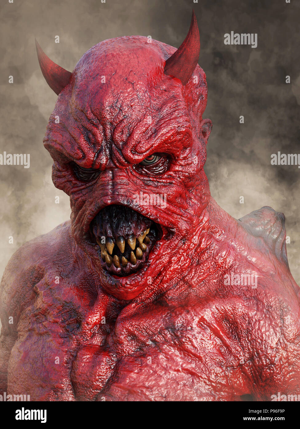 Kopf Porträt eines bedeuten, die dämonische, roter Teufel mit Hörnern, 3D-Rendering. Er ist durch Rauch umgeben. Stockfoto