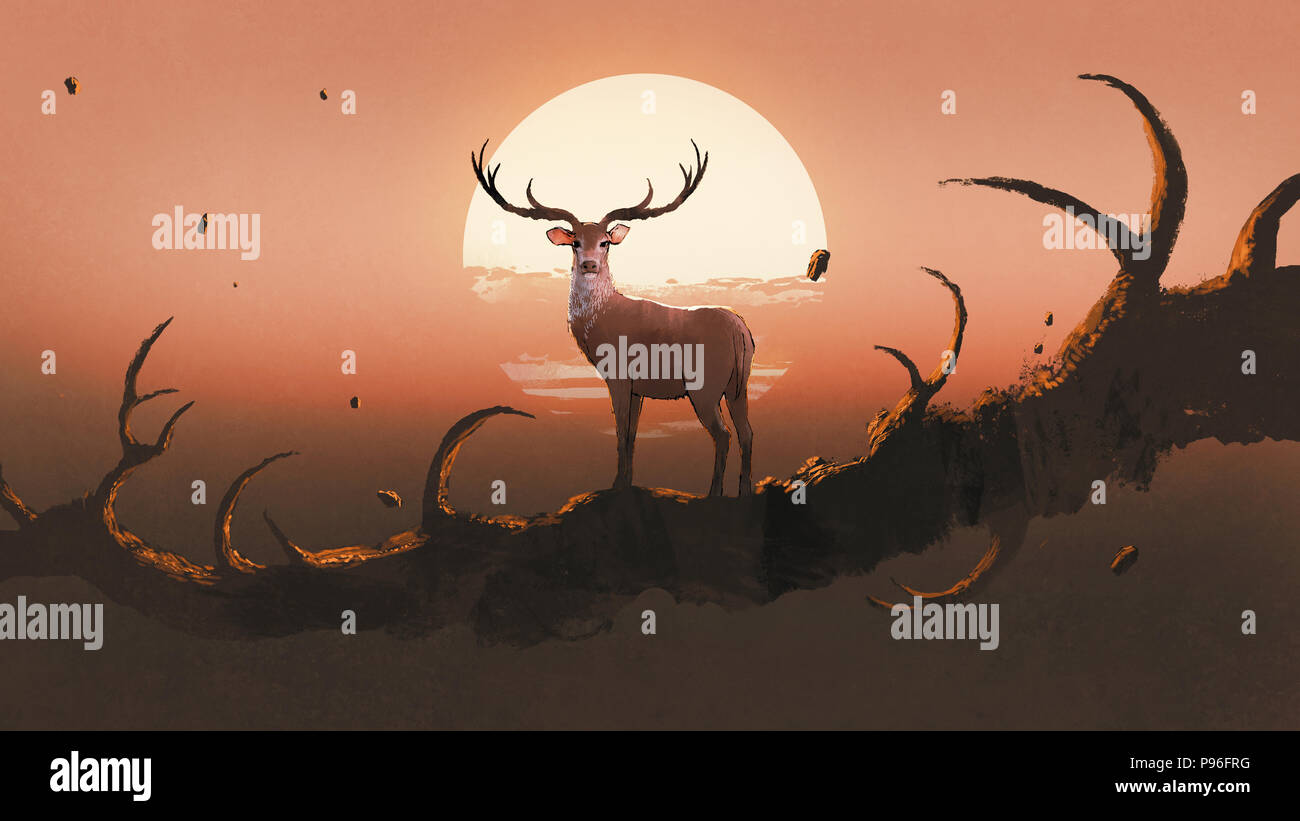 Das Reh, stehend auf einem riesigen Zweig, die Hörner eines Tieres gegen Sonnenuntergang Himmel, digital art Stil, Illustration Malerei Stockfoto