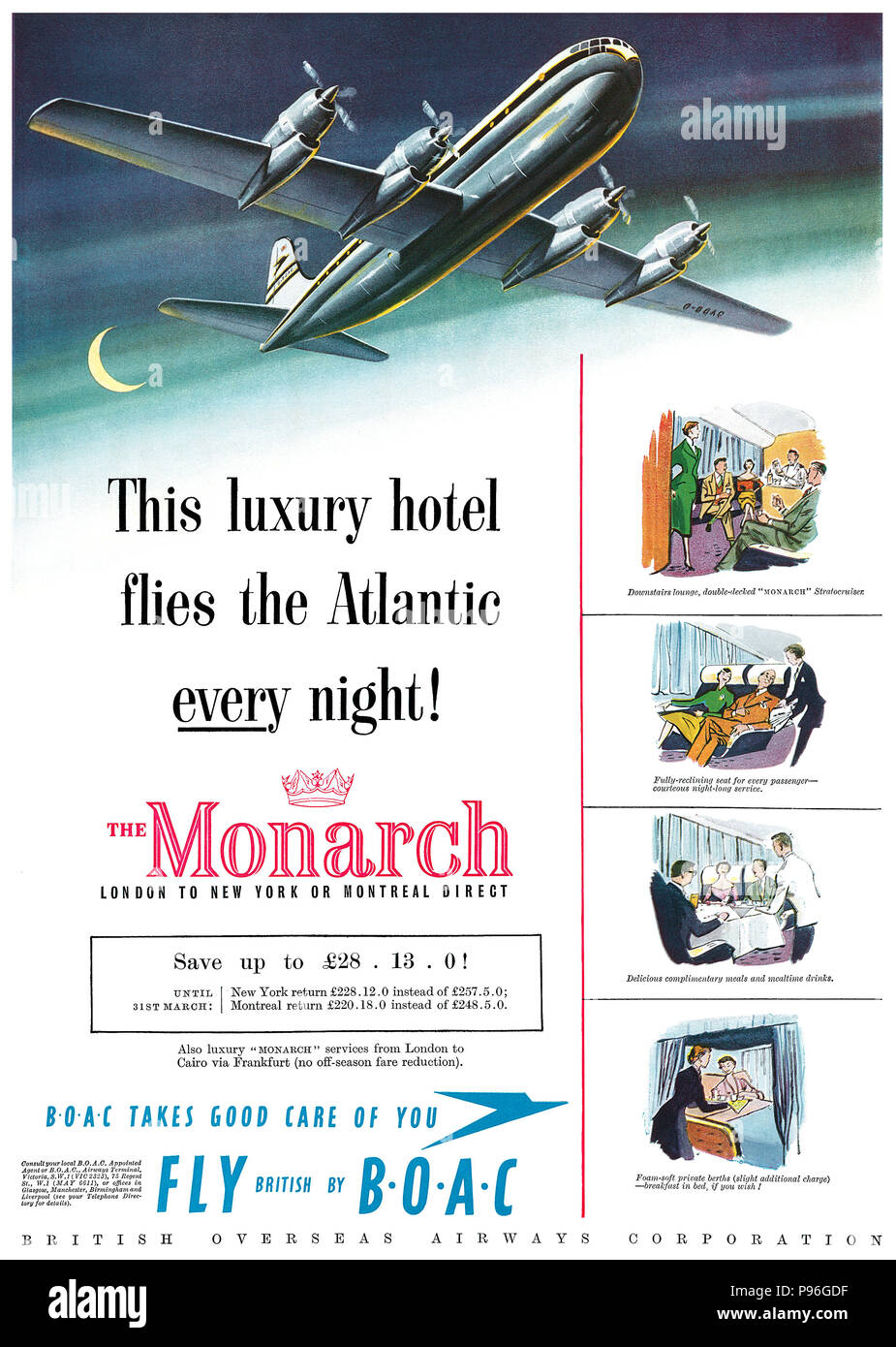1954 britischen Werbung für boac mit der Boeing 377 Stratocruiser 'Monarch' Service. Stockfoto