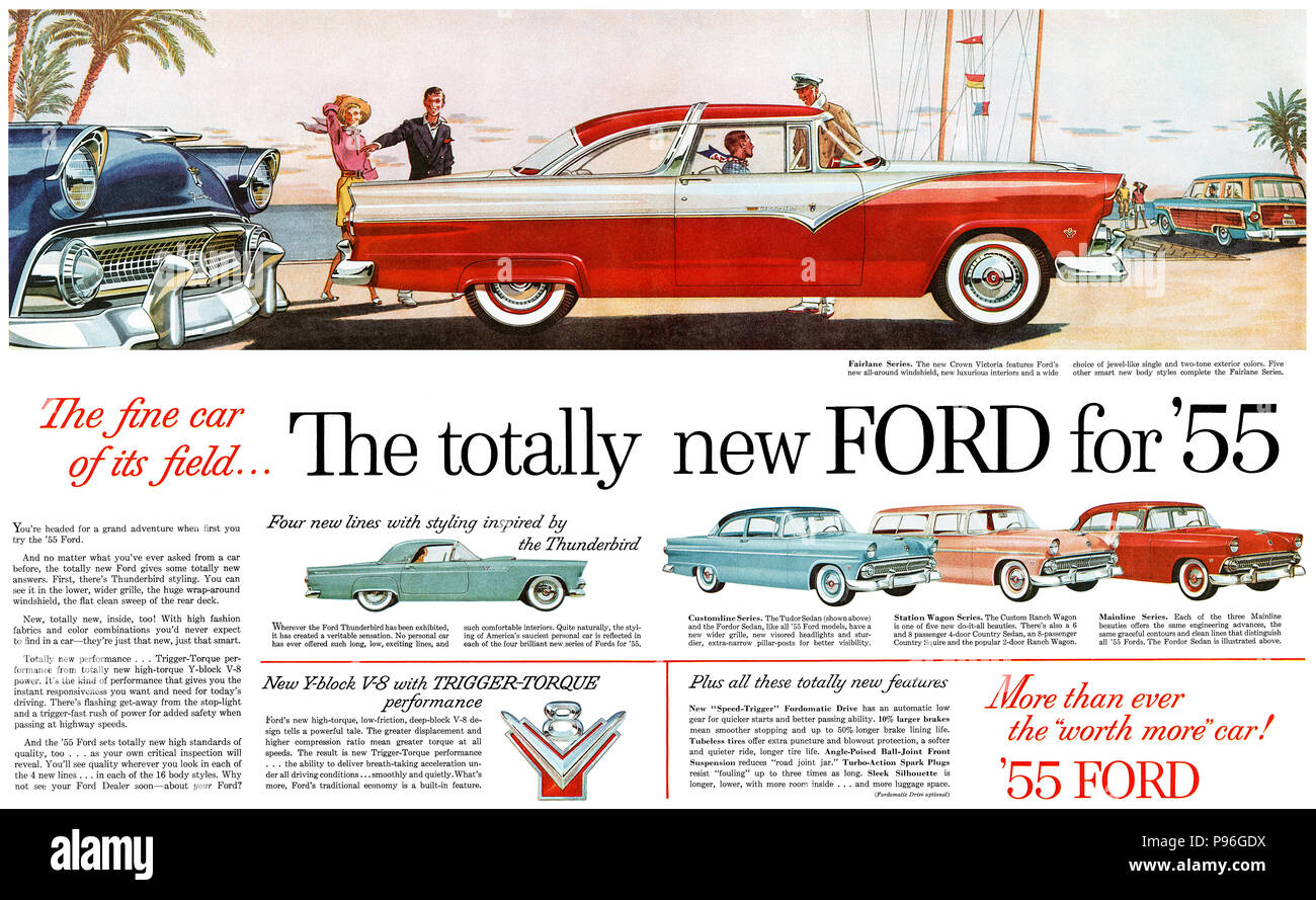 1954 US-Werbung für die 1955 Reihe von Ford Automobile. Stockfoto