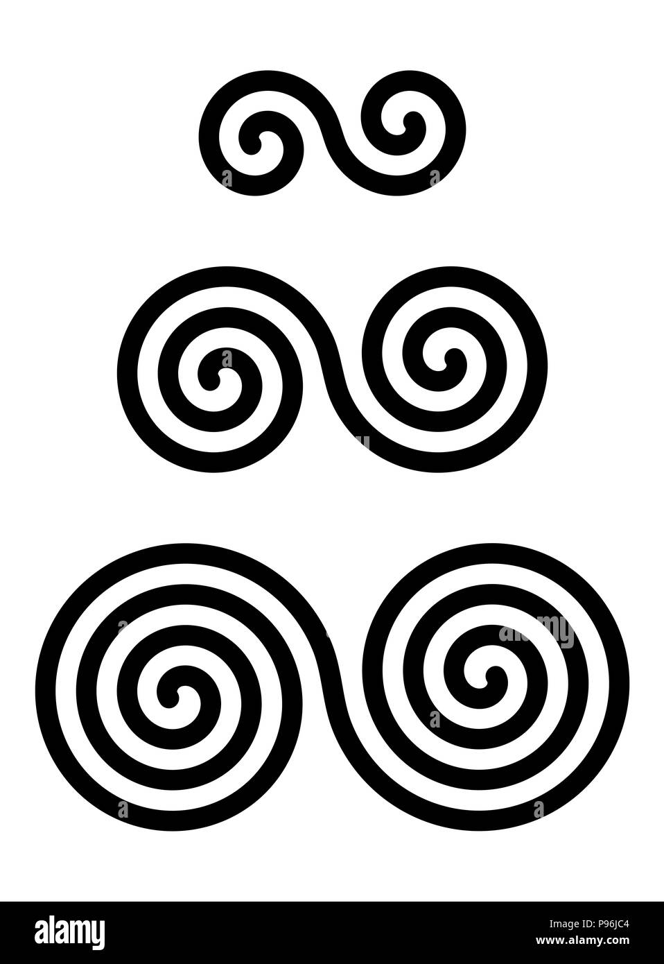 Drei verriegelt doppelte Spiralen über Weiß. Kombinierte Spiralen mit zwei, drei und vier Umdrehungen. Motive der Twisted und angeschlossenen Spiralen. Stockfoto