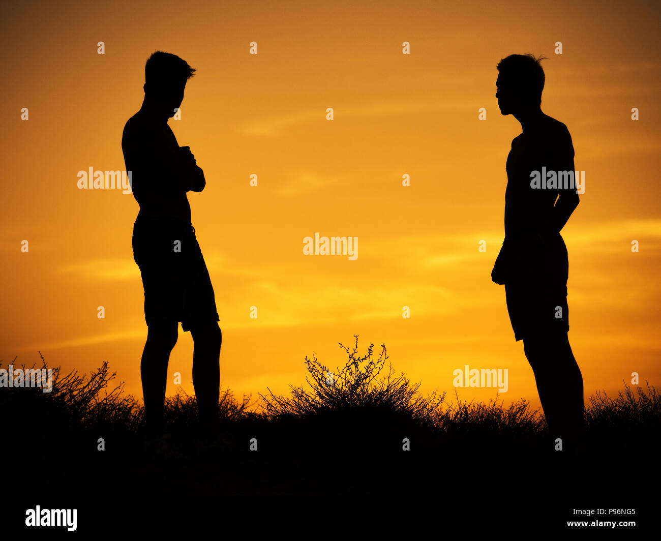 Silhouetten der beiden jungen Freunde der Kerle Stockfoto