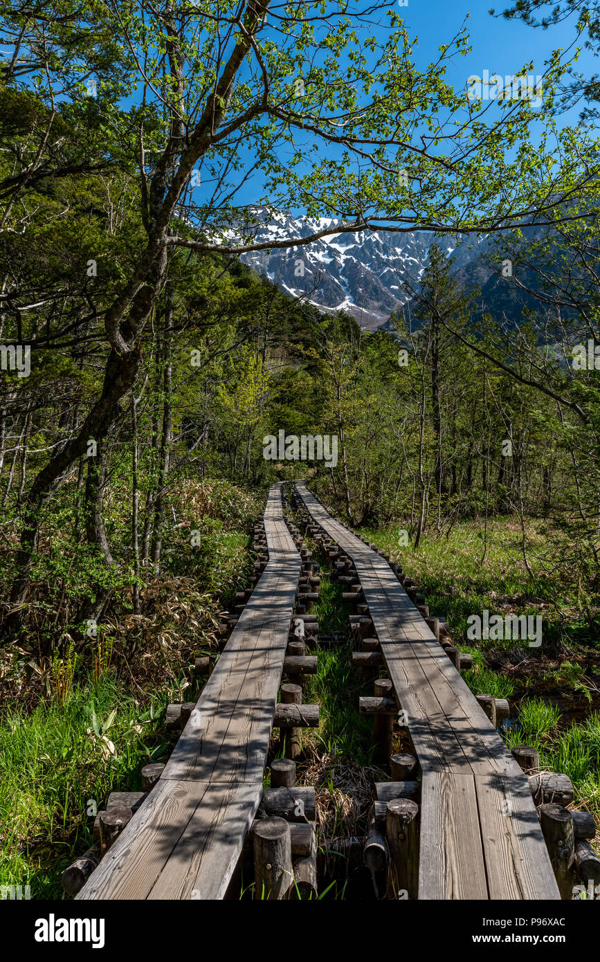 Kamikochi in Japan bei klarem Himmel Stockfoto