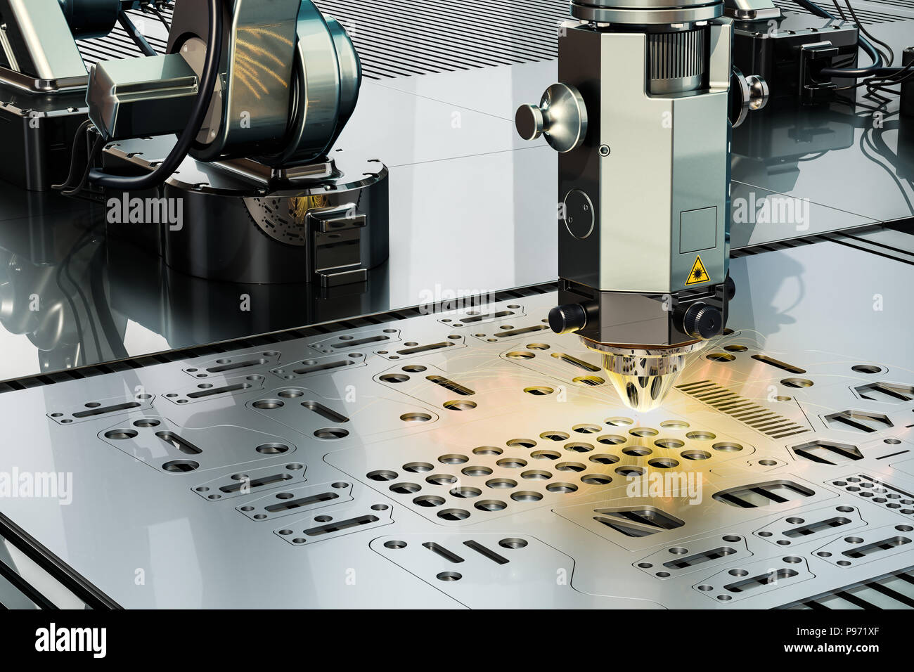 Laserschneiden von Roboterarm closeup, 3D-Rendering Stockfoto