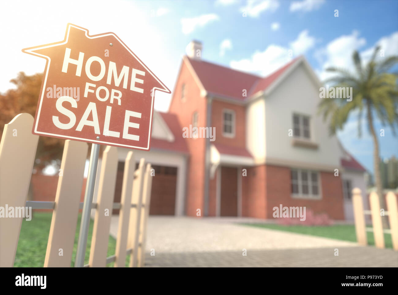 Haus für Verkauf, Immobilien-Zeichen vor der schönen Haus mit Strahl aus Sonnenlicht in den Hintergrund. Home Business und Finanzen Konzept. Stockfoto