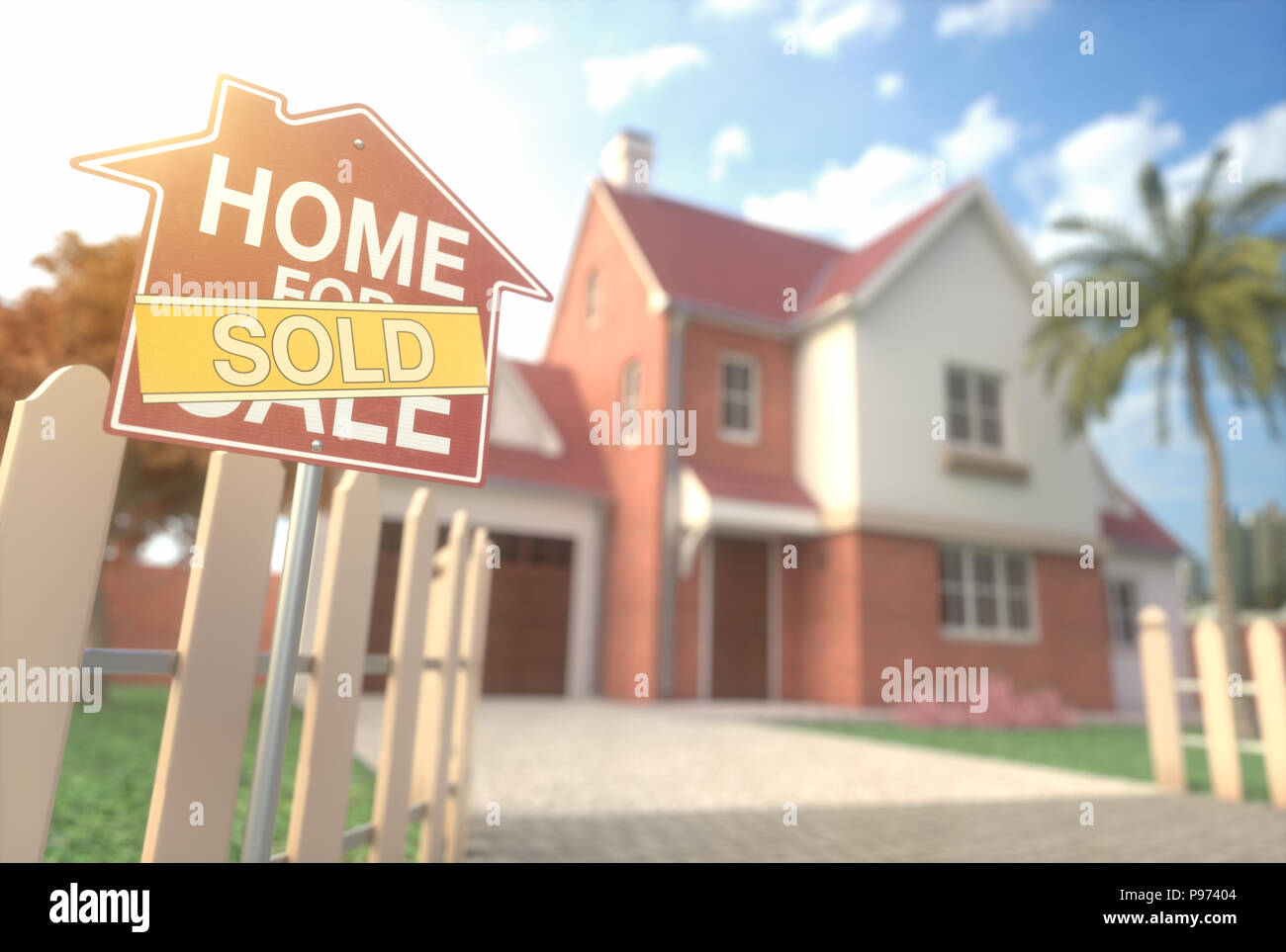 Haus für Verkauf, Immobilien-Zeichen vor der schönen Haus mit Strahl aus Sonnenlicht in den Hintergrund. Home Business und Finanzen Konzept. Stockfoto