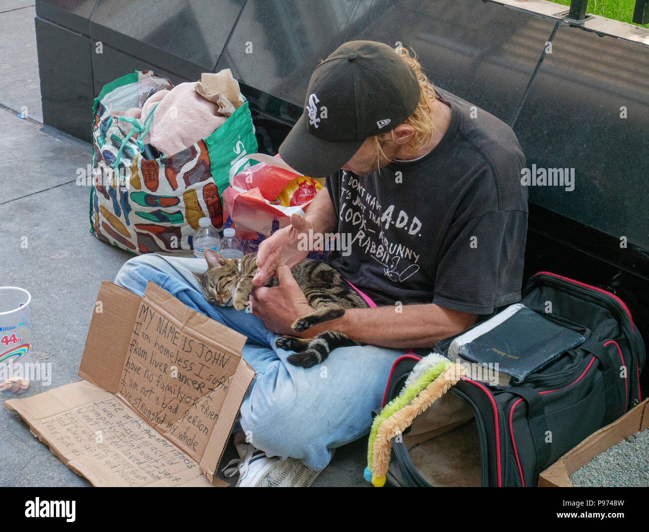 Obdachloser mit Cat. Michigan Avenue, Chicago, Illinois. Stockfoto