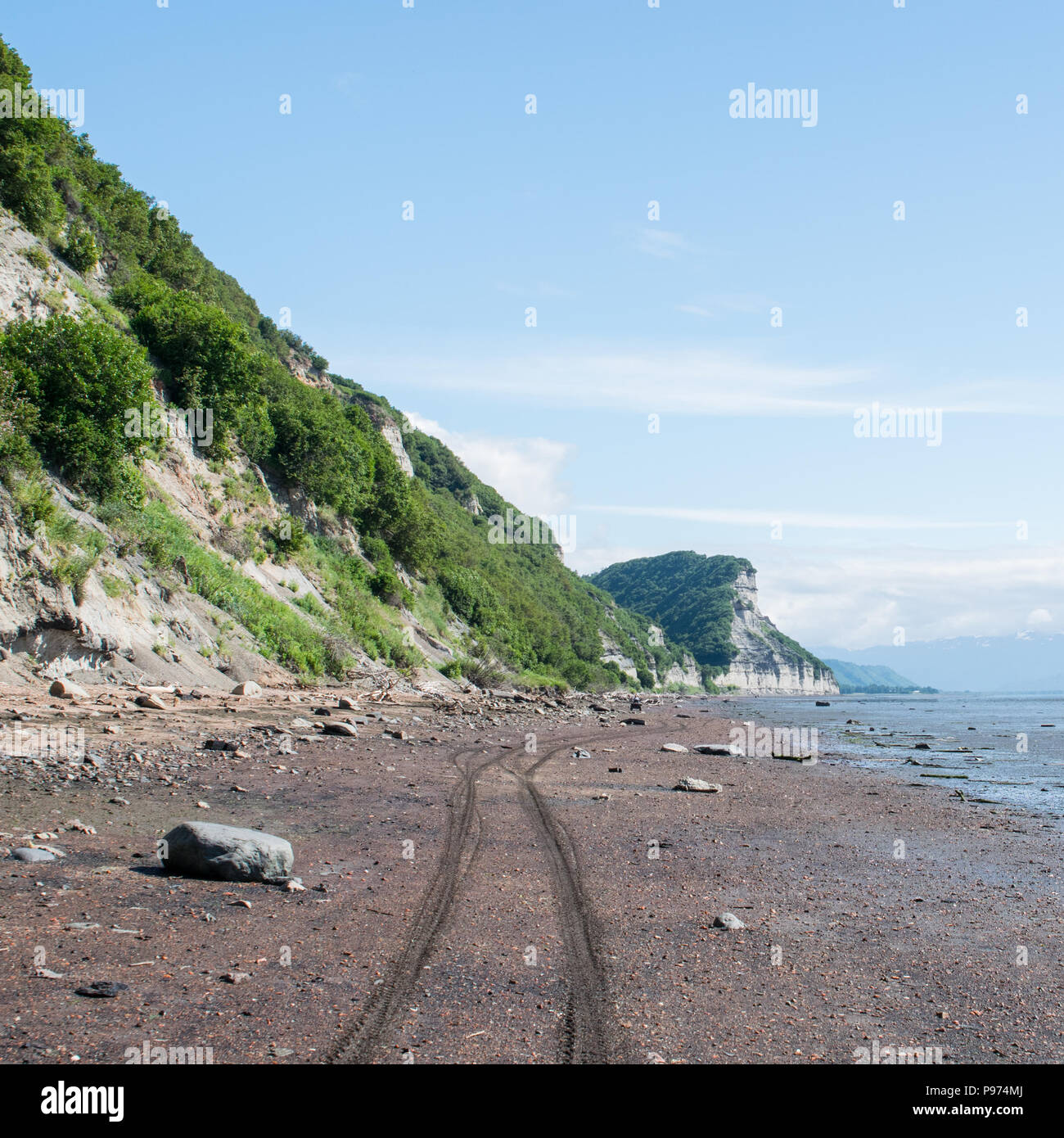 Weg mit den Reifen auf den Wattflächen in Alaska mit moutian Ansichten gemacht. Stockfoto