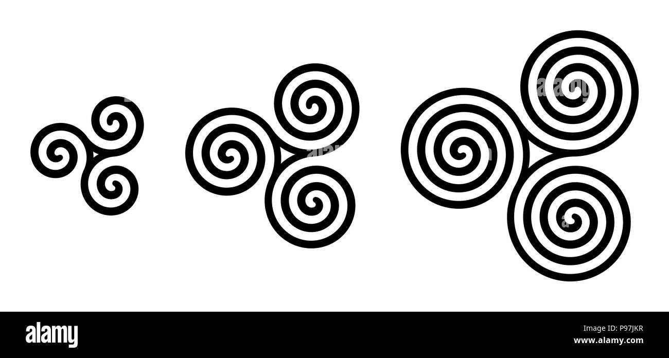 Schwarz Keltische triskelion Spiralen über Weiß. Triple Spiralen mit zwei, drei und vier Umdrehungen. Motive der drei verdreht und angeschlossenen Spiralen. Stockfoto