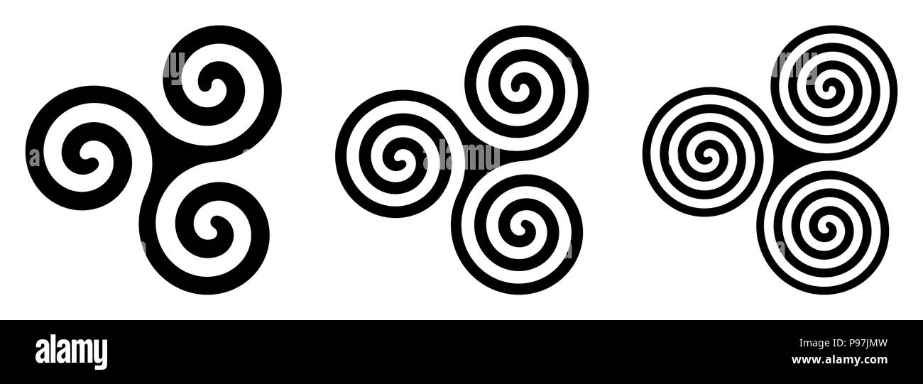 Drei schwarzen Keltischen triskelion Spiralen über Weiß. Triple Spiralen mit zwei, drei und vier Umdrehungen. Motive der Twisted und angeschlossenen Spiralen. Stockfoto
