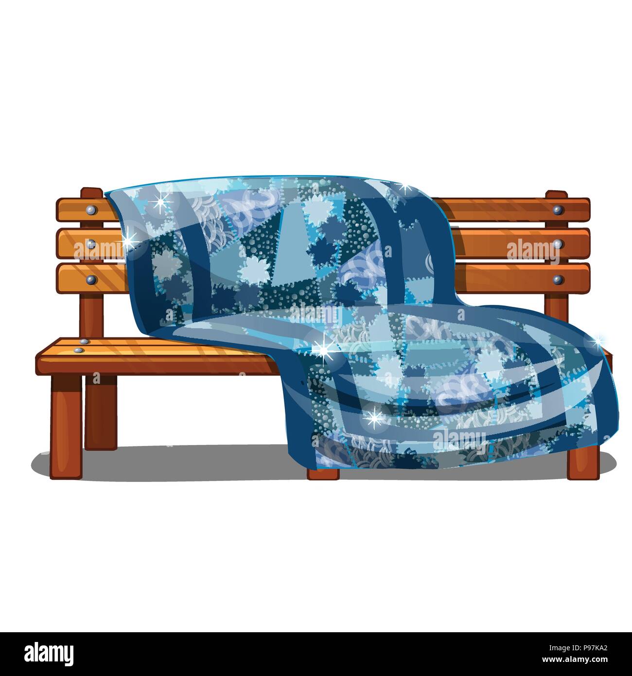 Holzbank mit einer warmen Decke oder eine Decke mit Textur auf Weihnachten Thema abgedeckt. Gartenmöbel auf weißem Hintergrund. Vector Illustration. Stock Vektor