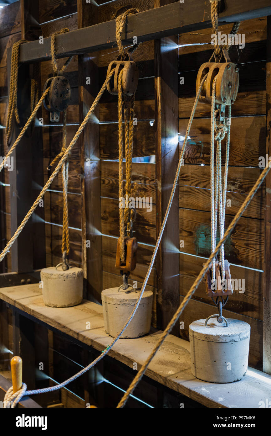 Pädagogische installation Demonstration mechanischer Vorteil Heben schwerer Lasten mit Seilen mit einer Vielzahl von Konfigurationen der Riemenscheibe Stockfoto