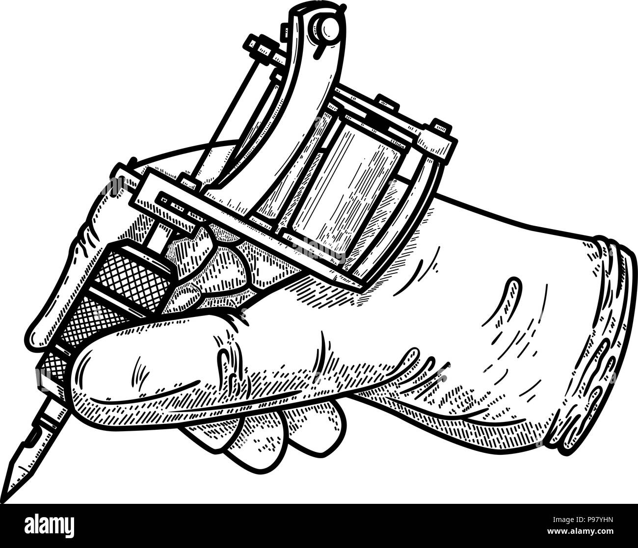 Hand mit Tattoo Maschine. Design Element für Poster, Karten, tshirt
