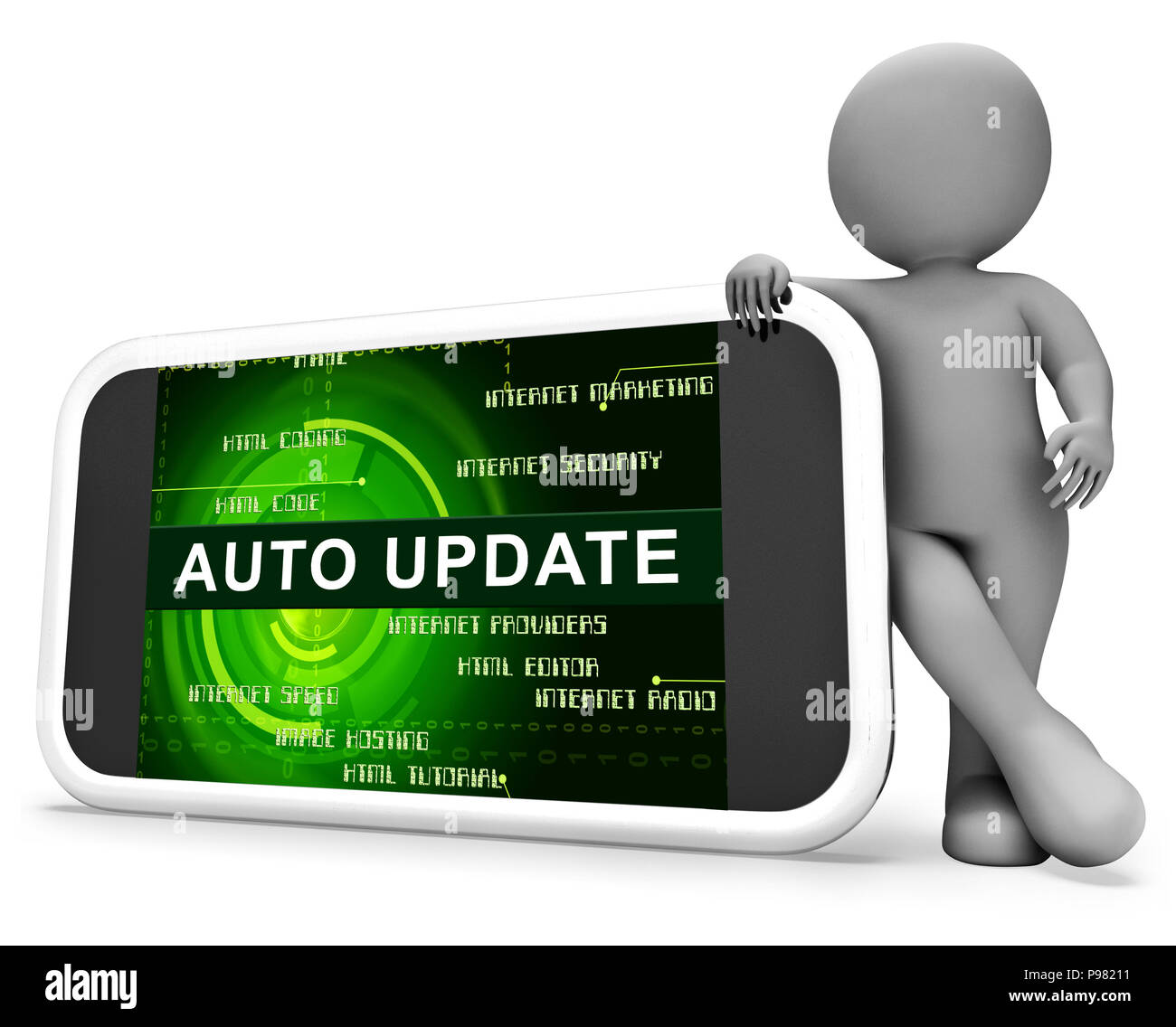 Automatisches Update oder Upgrade 3D Rendering zeigt Software Verbesserung oder Modernisierung Up-To-Date Version Stockfoto
