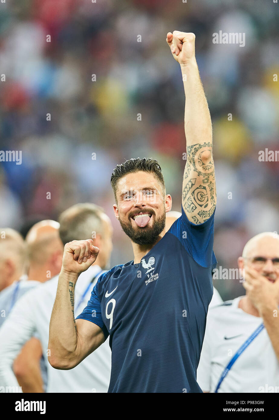 Moskau, Russland. 15. Juli 2018. Frankreich - Kroatien, Fußball, Moskau, 15. Juli 2018 Olivier GIROUD, FRA 9 Jubel, Freude, Emotionen, feiern, lachen, Jubeln, Jubeln, reißt die Arme, ballte die Faust, Frankreich - Kroatien 4-2 FUSSBALL FIFA WM 2018 Russland, Endgültige, Saison 2018/2019, 15. Juli 2018 in Luzhniki Stadion Moskau, Russland. © Peter Schatz/Alamy leben Nachrichten Stockfoto