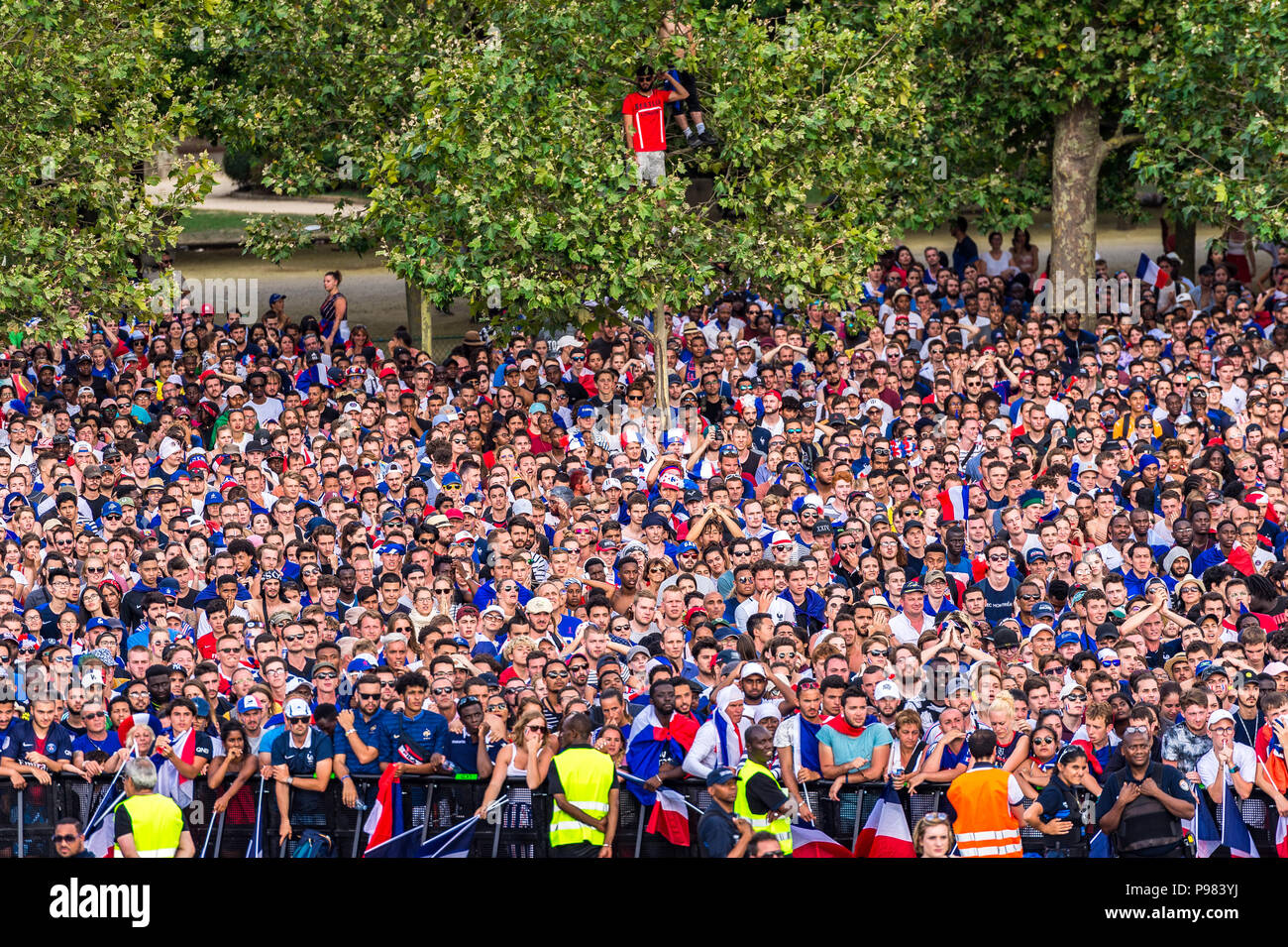 Paris, Frankreich. Am 15. Juli 2018. Riesige Menschenmassen in Paris, Frankreich die Weltmeisterschaft gewinnen. Paris, Frankreich. Credit: Samantha Ohlsen/Alamy Leben Nachrichten. Stockfoto