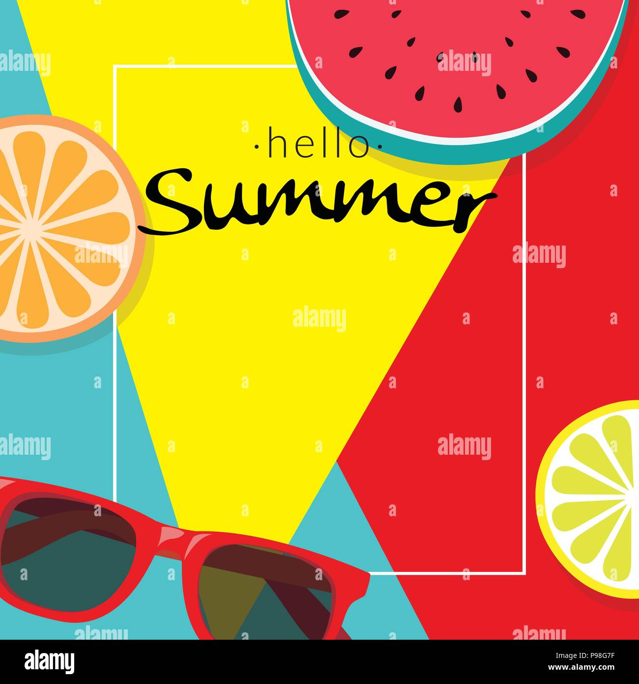 Wort "Hallo Sommer' mit Kopie Raum Vorlage Banner mit Stücken von tropischen Früchten auf farbigen Hintergrund. Vektor Sommer Hintergrund für Banner, Poster, Stock Vektor