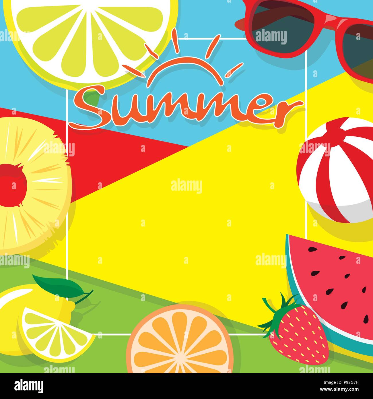 Farbenfrohe Sommer Thema Background Copy space Vorlage Banner mit Stücken von tropischen Früchten beach ball und Sonnenbrille. Vektor Sommer Hintergrund für Bann Stock Vektor