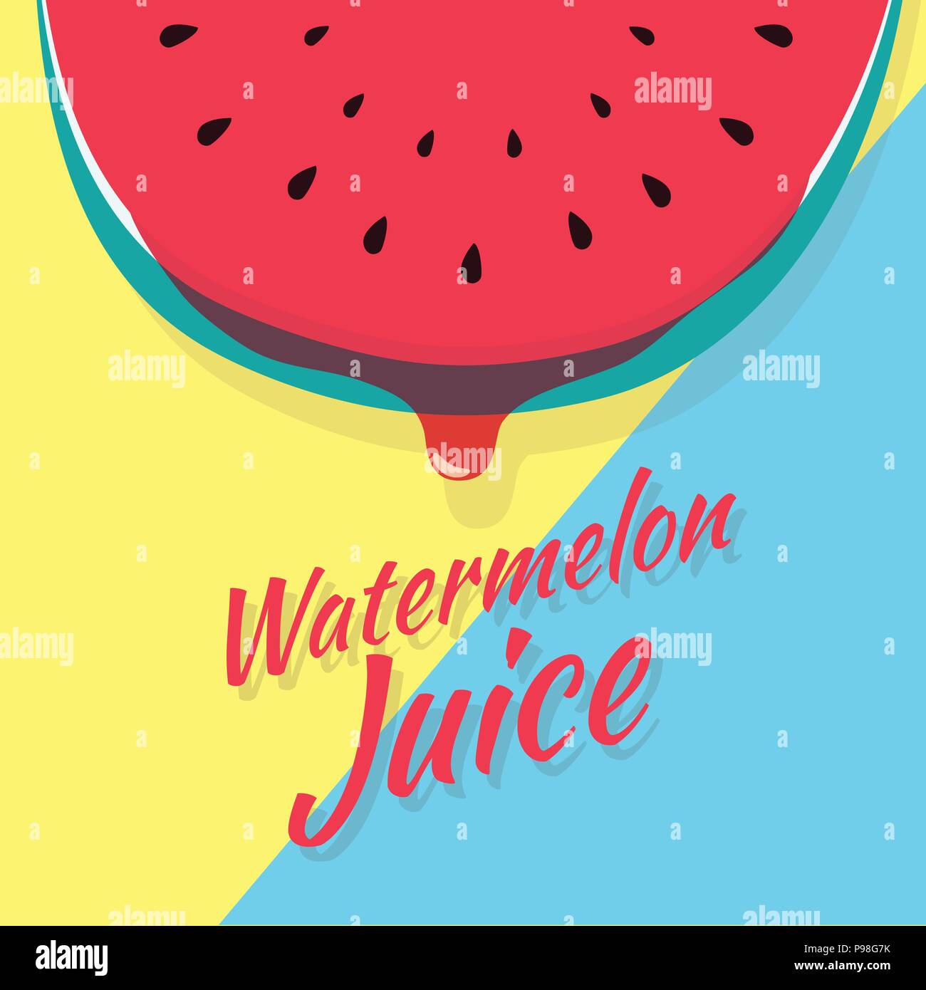 Stück halbe Wassermelone Slice, saftiges Stück Obst mit Tropfen der Wassermelone Saft Vektor icon Abbildung auf gelben und blauen Hintergrund. Frische ... Stock Vektor