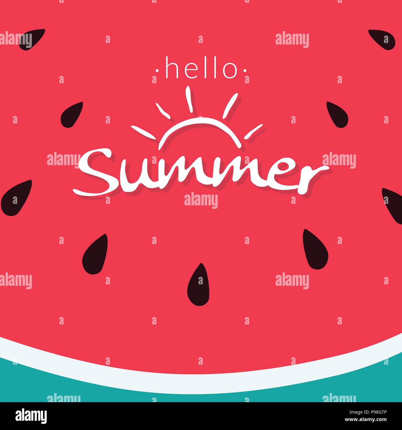 Wassermelone Textur für tropische Früchte Hintergrund. Stück halbe Wassermelone Slice mit Word Hallo Sommer. frische Wassermelone für Sommer Vektor logo Icon Stock Vektor