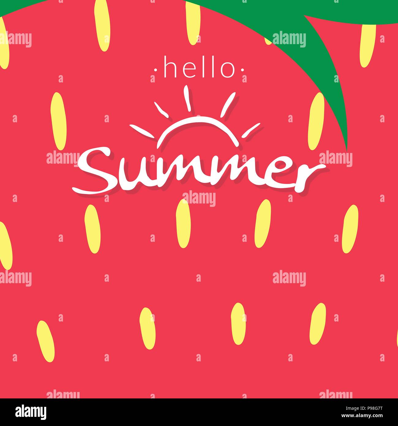 Erdbeere Textur für tropische Früchte Hintergrund. stück Erdbeere mit Samen und Blätter mit dem Wort Hallo Sommer. frische Erdbeere für Vektor logo Ic Stock Vektor