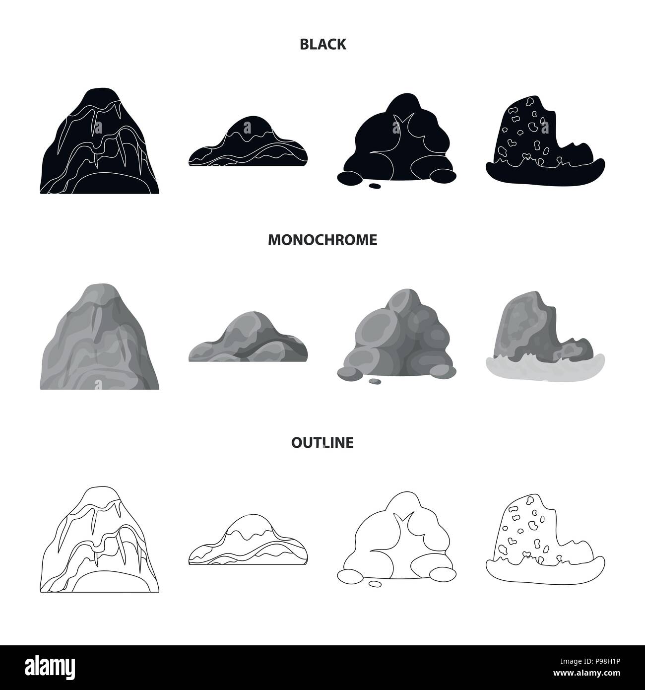 Geröll, eine abgerundete Berge, Felsen im Meer. Verschiedene berge Sammlung Icons in Schwarz, monochrom, Outline style Vektor Symbol lieferbar illustr Stock Vektor