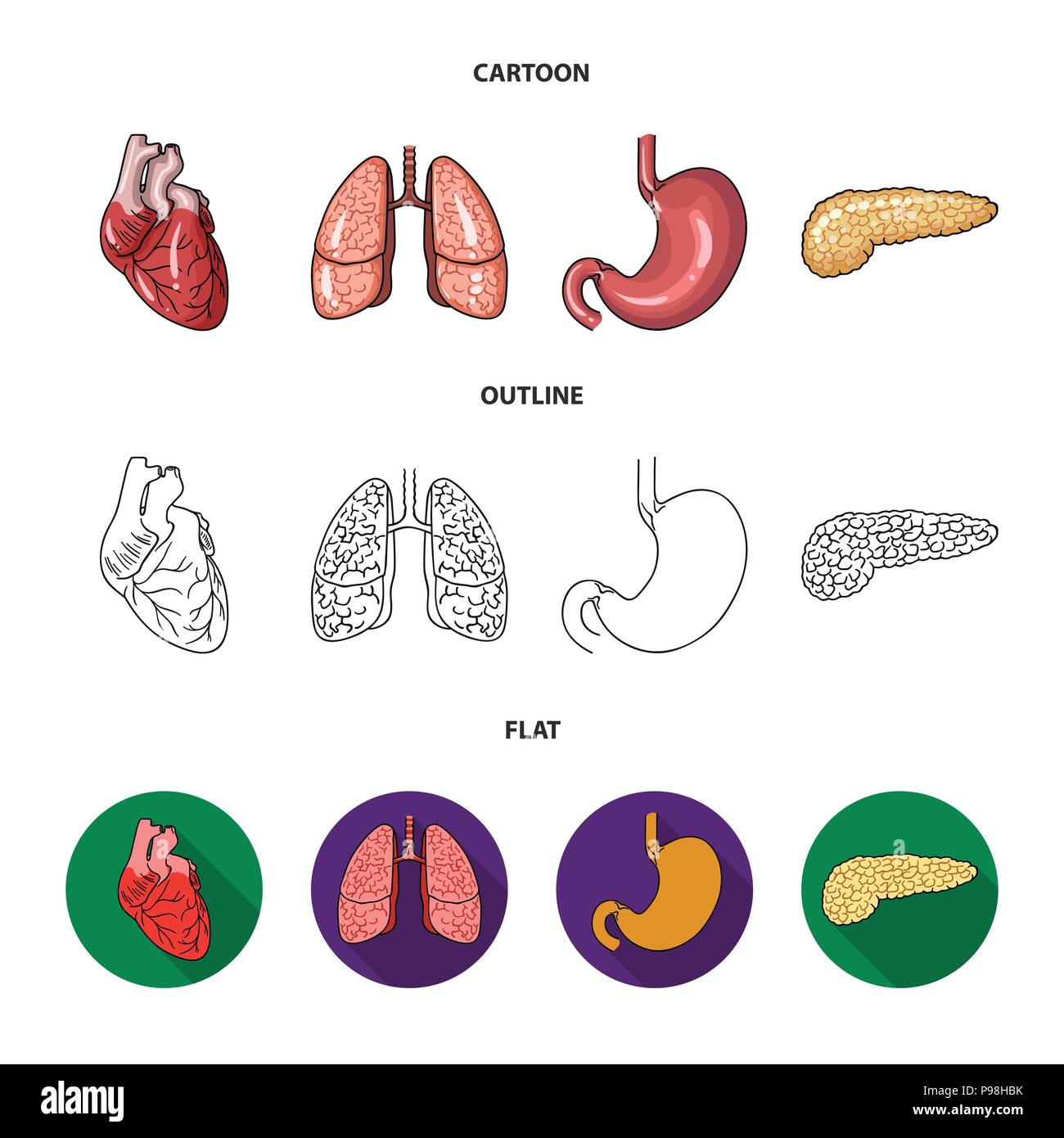 Herz, Lunge, Magen, Bauchspeicheldrüse. Menschliche Organe set Sammlung Icons im Cartoon, Outline, flacher Stil vektor Symbol lieferbar Abbildung. Stock Vektor