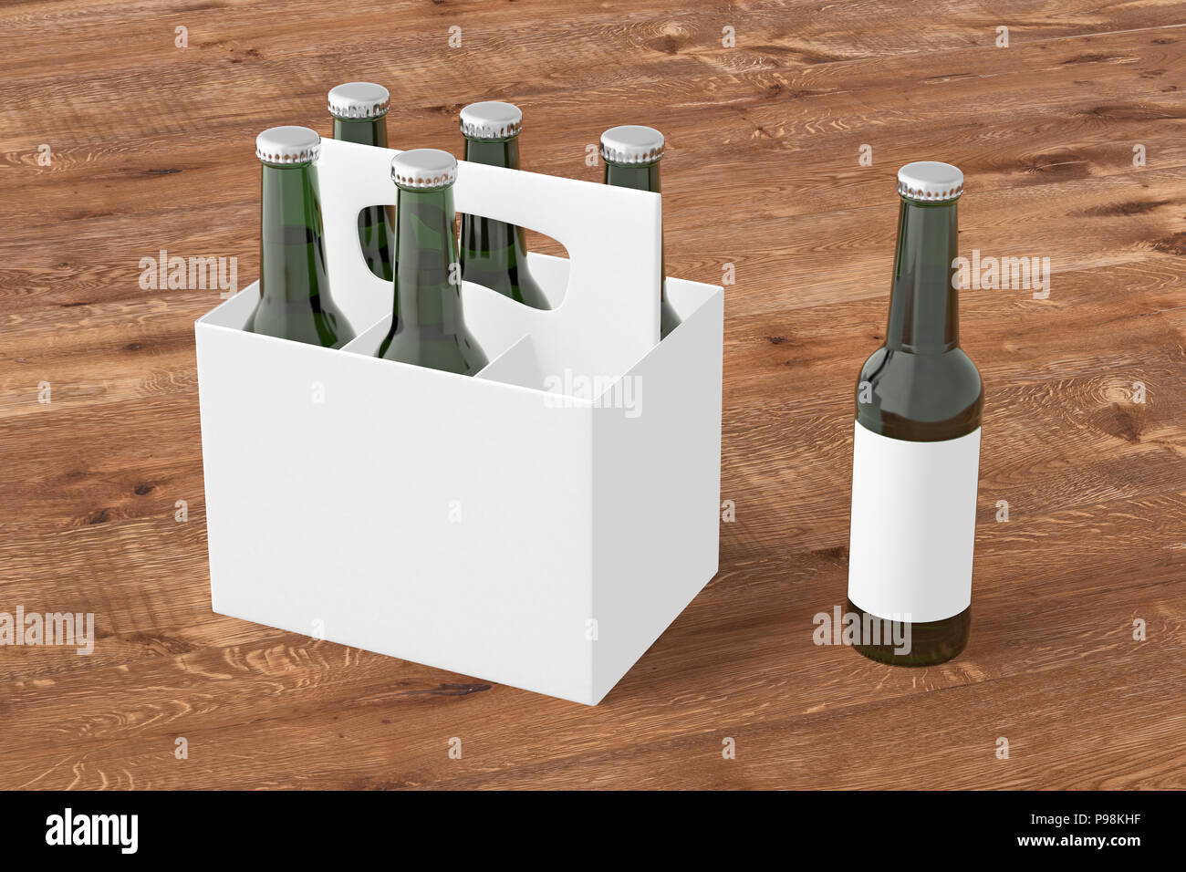 Sechs Flaschen Bier weiße Leere Verpackungen mit grünen Flaschen und eine einzelne Flasche auf Holz- Hintergrund. 3D-Rendering Stockfoto