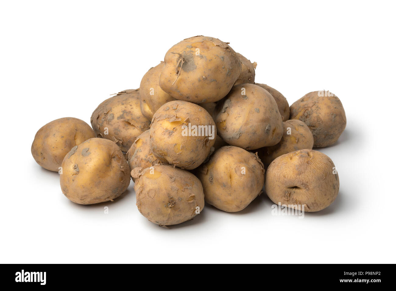 Haufen organischer Niederländische Opperdoezer ronde Kartoffeln auf weißem Hintergrund Stockfoto