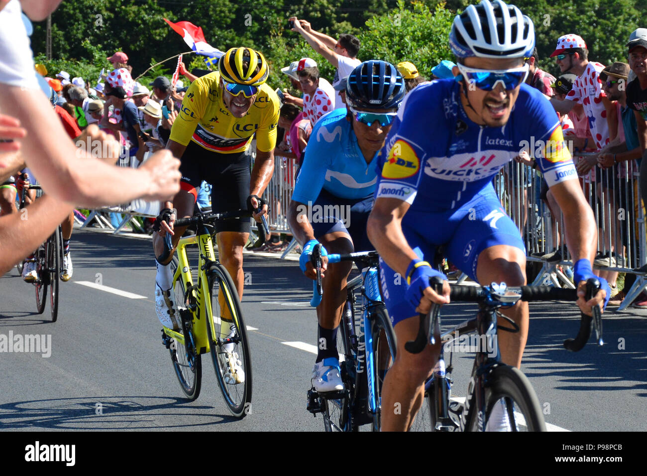 Tour de France 2018. Stufe 6. Brest, Mur-de-Bretagne. In den letzten Kilometer der 181 km Strecke, die eine durchschnittliche Steigung von 6,9 %. Stockfoto