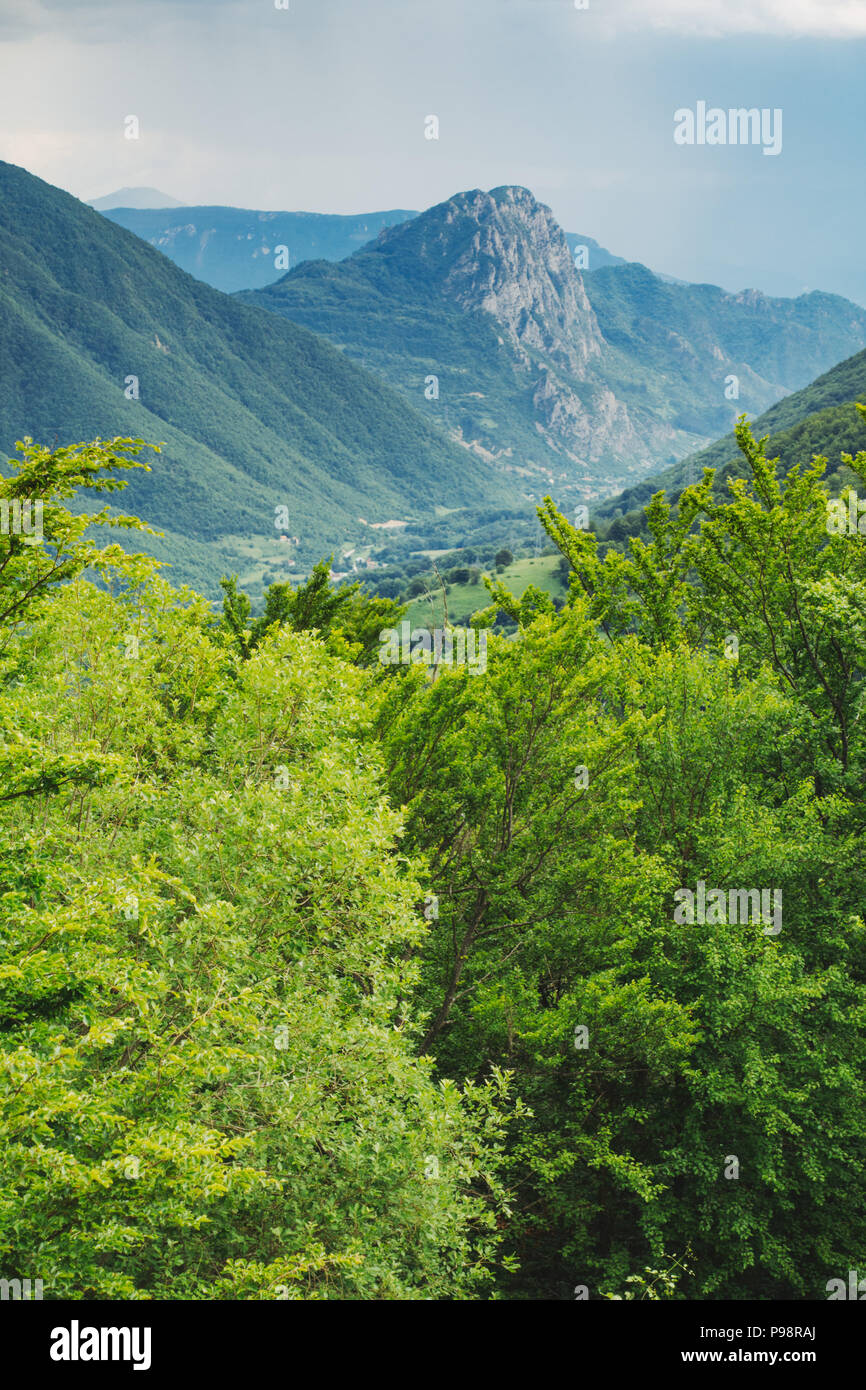 Die üppigen Wälder und Berge des Blidinje Naturparks, vom Doljani Tal aus gesehen, in Bosnien und Herzegowina Stockfoto