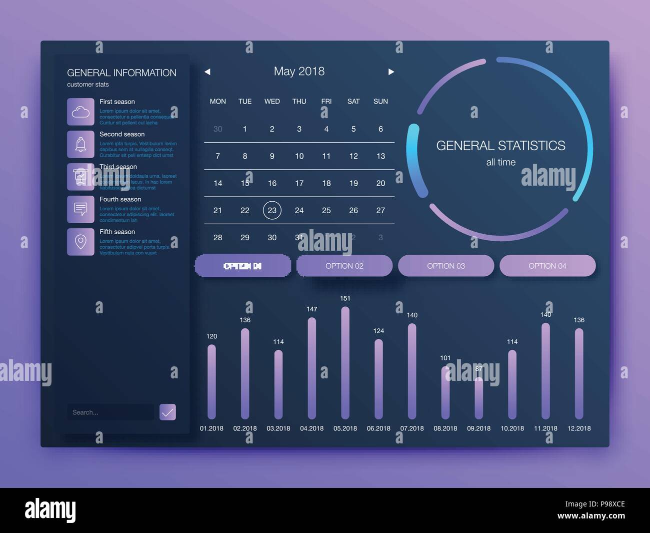 Dashboard Infografik Vorlage mit modernem Design die jährliche Statistik Diagramme. Elemente der Benutzeroberfläche Stock Vektor