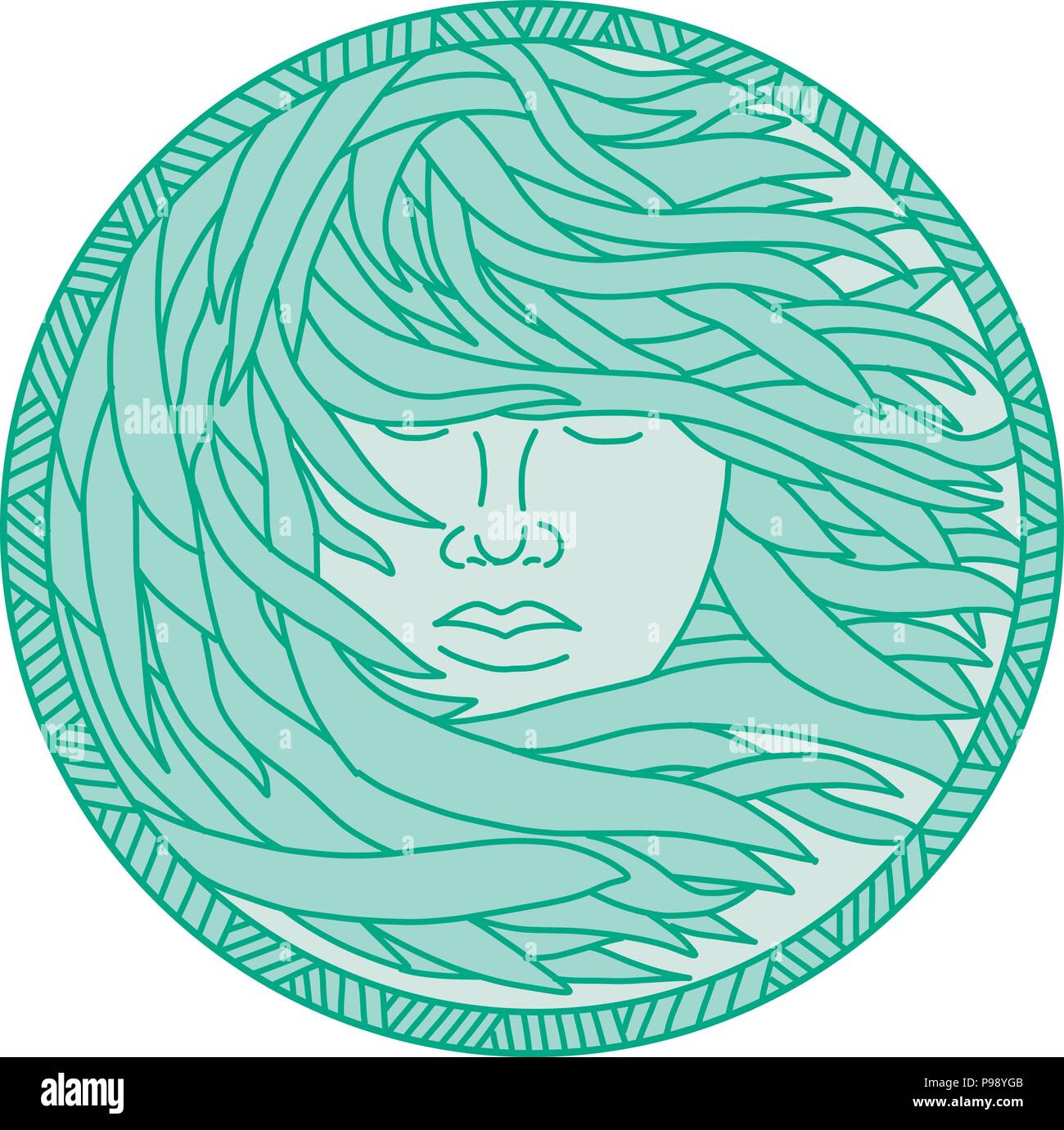 Mono line Abbildung: die Fläche eines Polynesischen Frau mit fließenden Seetang Haar von innen vorn Kreis in monolinern Stil fertig" gesehen. Stock Vektor