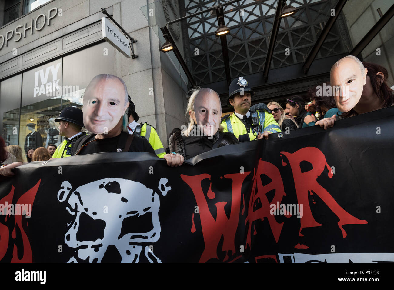 Oxford St, London, UK. 14. Mai 2016. Bis zu Hundert Demonstranten Stadium eine Demonstration an Philip's Green Topshop Flagship Store in der Nähe von Oxford Circus Stockfoto