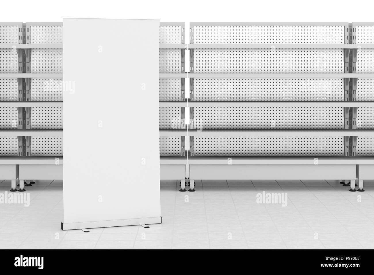Supermarkt Interieur mit leeren Regalen und ad Roll Up Banner stehen. 3D-Rendering Stockfoto