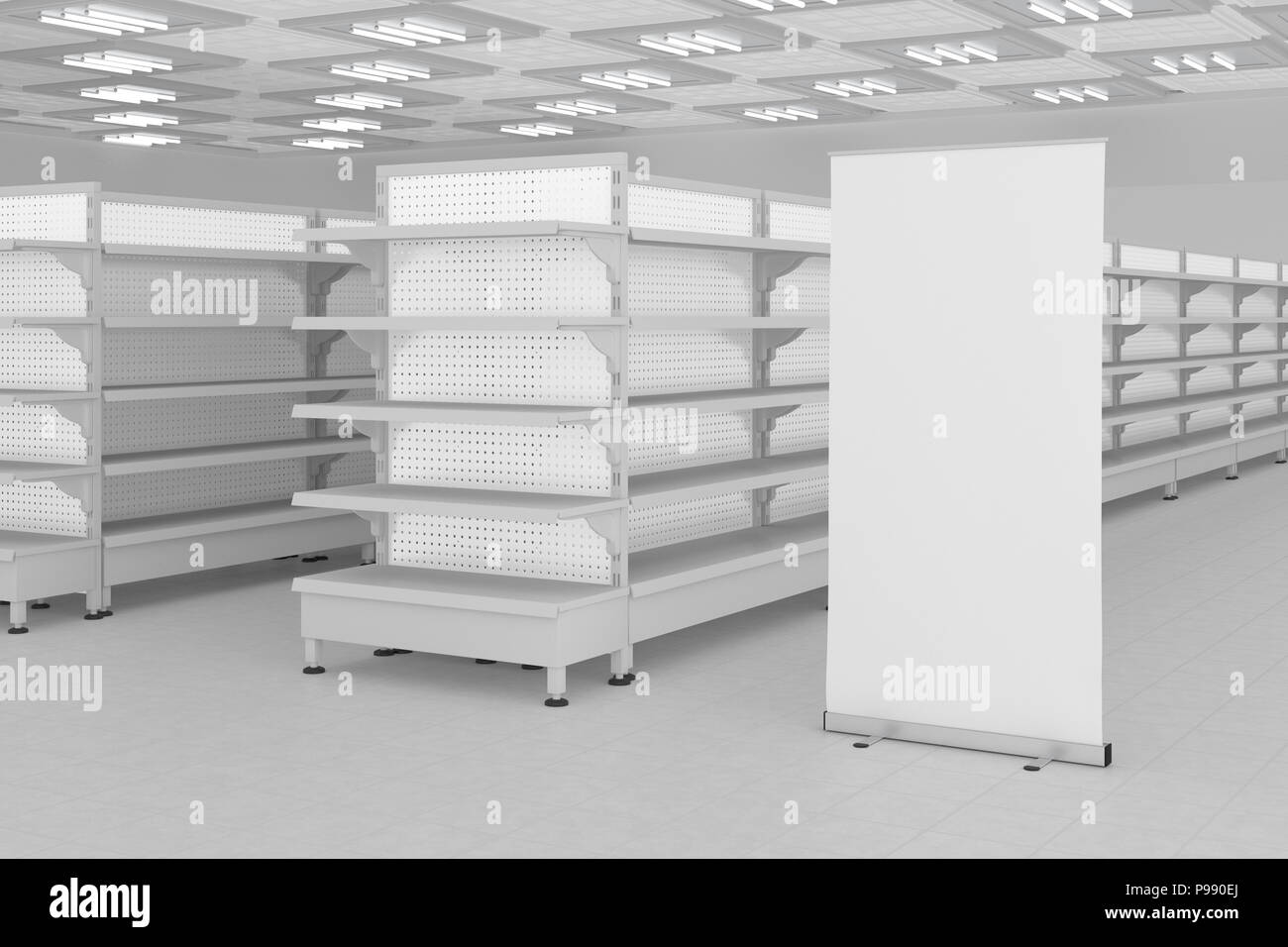 Supermarkt Interieur mit leeren Regalen und ad Roll Up Banner stehen. 3D-Rendering Stockfoto